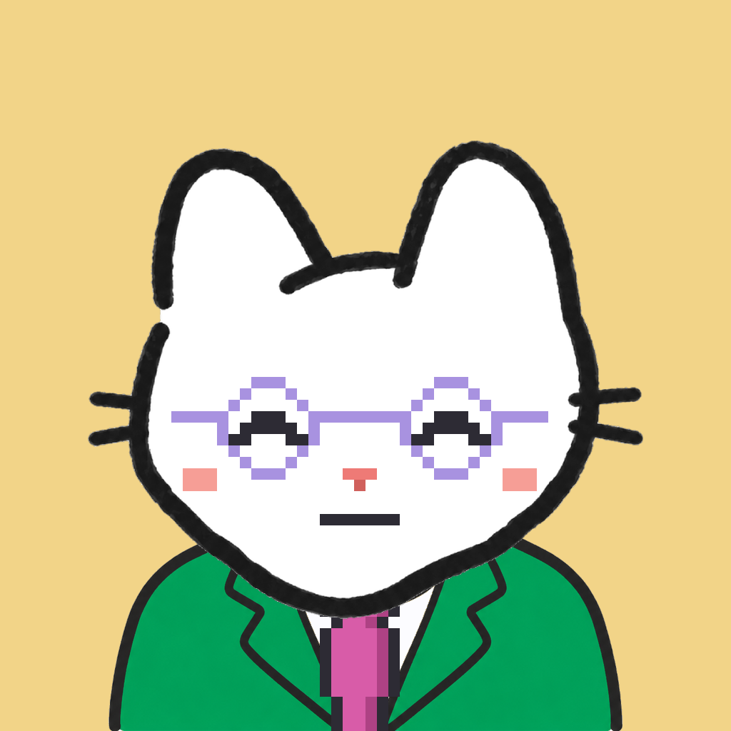 Employee #1564 — a white cat, in a green suit, with a magenta tie, wearing round-lavender glasses, on butter