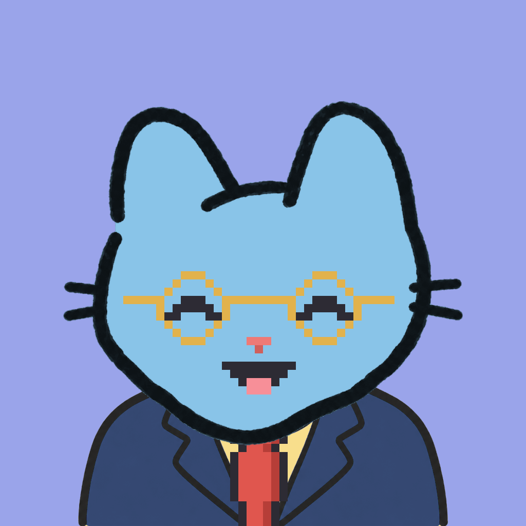 Employee #1565 — a sky cat, in a navy suit, with a red tie, wearing round-gold glasses, on periwinkle