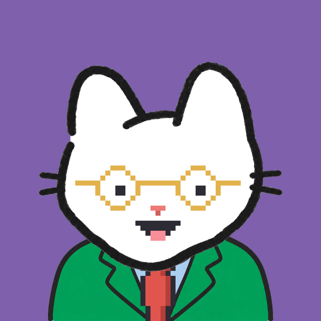 Employee #1567 — a white cat, in a green suit, with a red tie, wearing round-gold glasses, on plasma violet