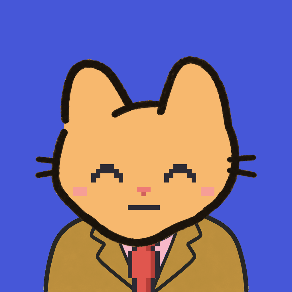 Employee #1568 — a tabby cat, in a mustard suit, with a red tie, on royal