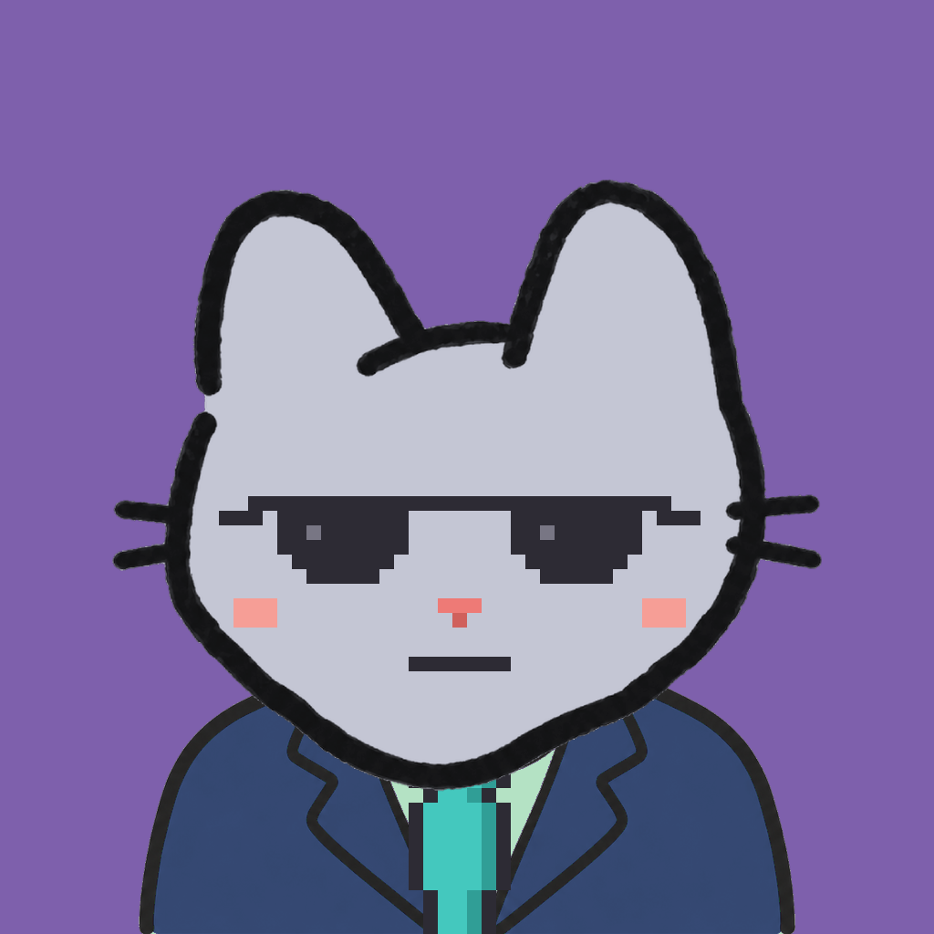 Employee #1569 — a gray cat, in a navy suit, with a teal tie, wearing shades glasses, on plasma violet