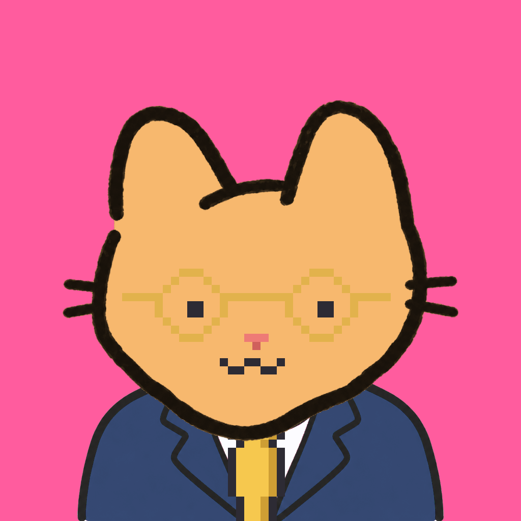 Employee #0157 — a tabby cat, in a navy suit, with a gold tie, wearing round-gold glasses, on hot pink