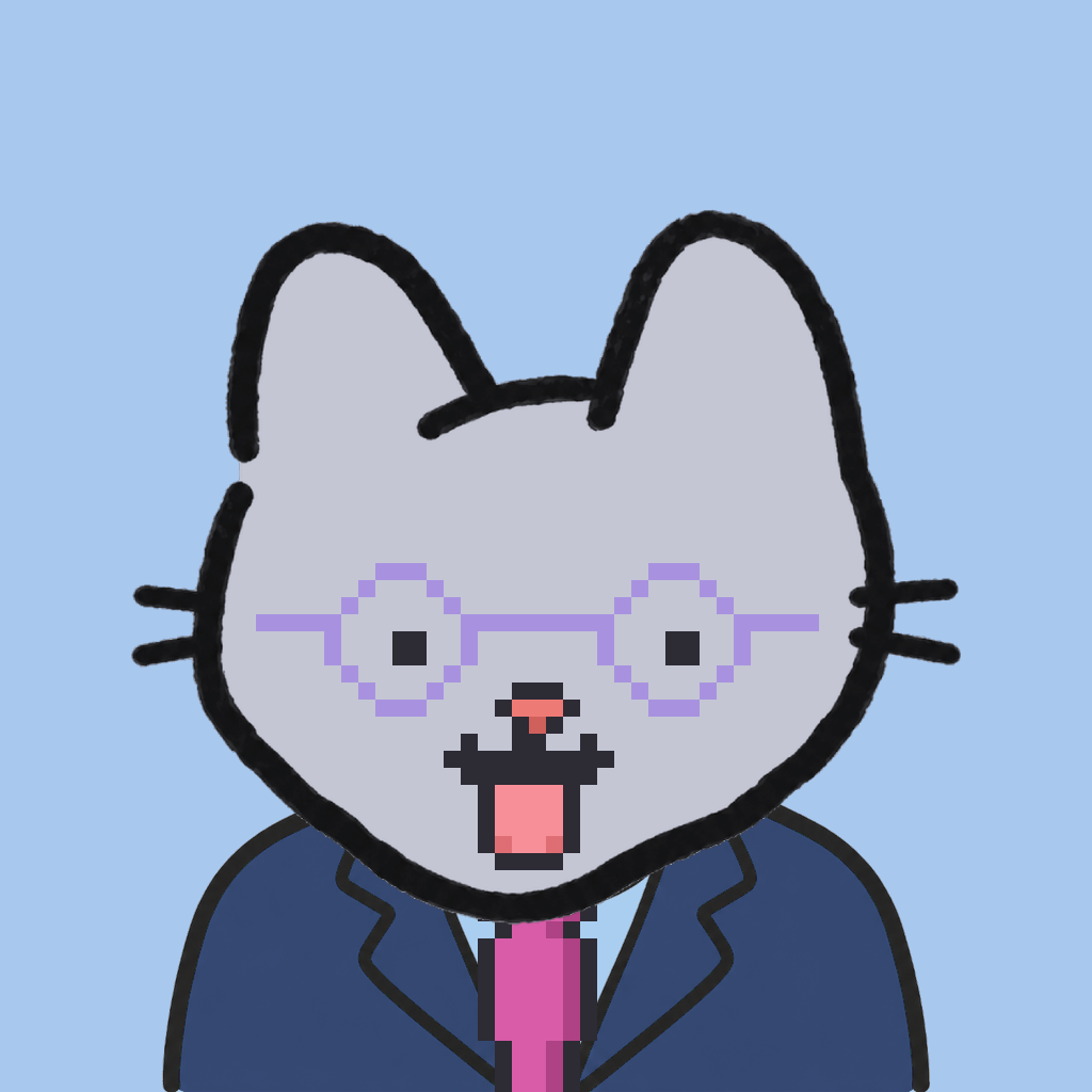 Employee #1570 — a gray cat, in a navy suit, with a magenta tie, wearing round-lavender glasses, on sky