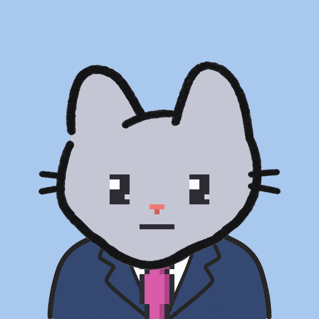 Employee #1571 — a gray cat, in a navy suit, with a magenta tie, on sky