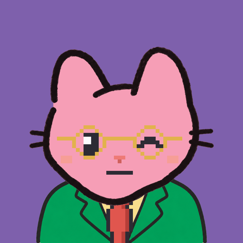 Employee #1572 — a pink cat, in a green suit, with a red tie, wearing round-gold glasses, on plasma violet