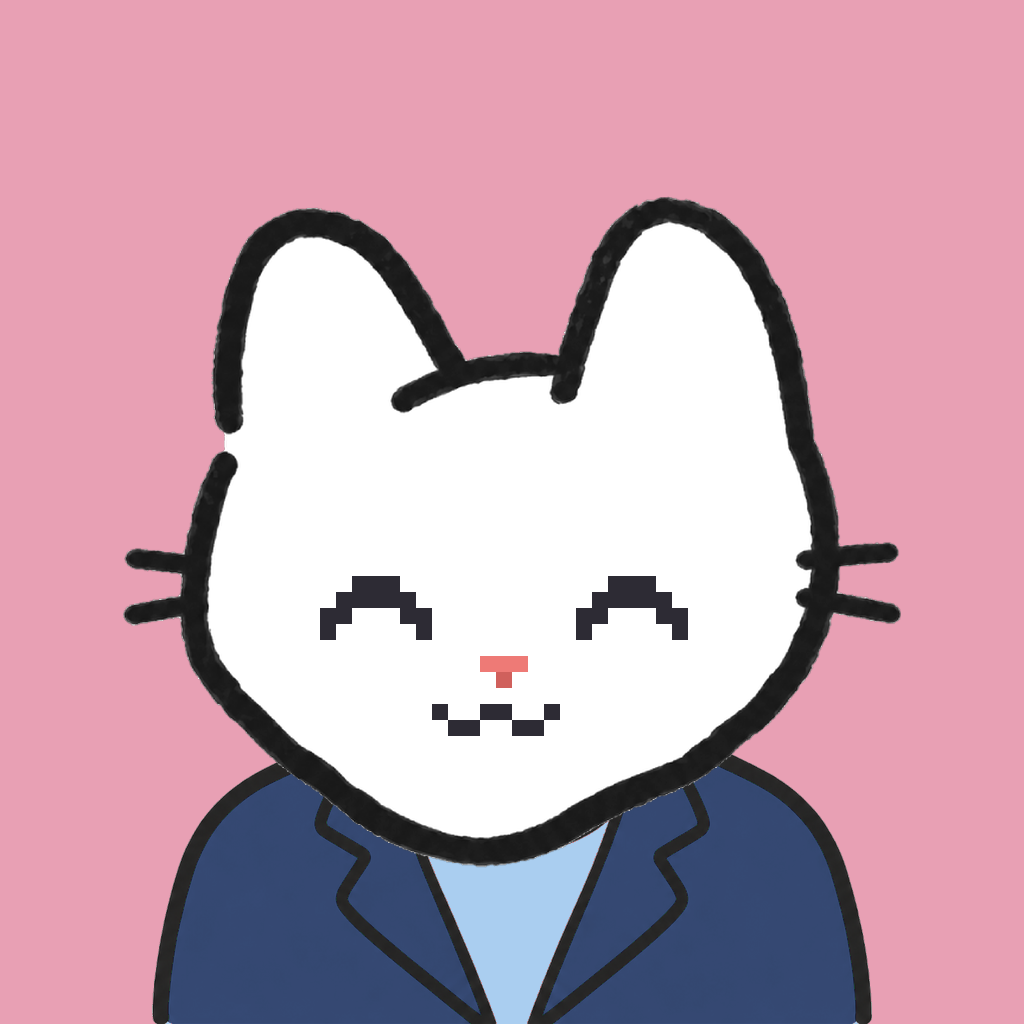 Employee #1573 — a white cat, in a navy suit, on rose