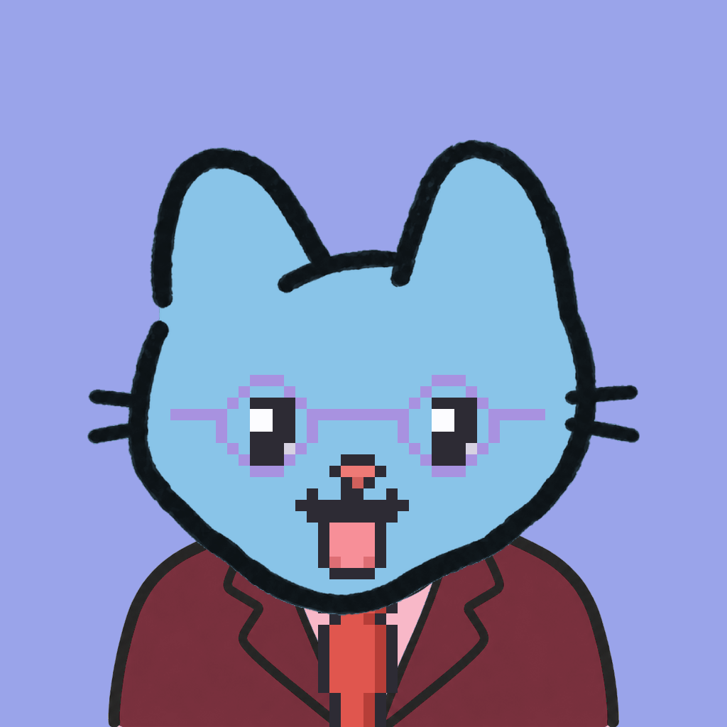 Employee #1574 — a sky cat, in a burgundy suit, with a red tie, wearing round-lavender glasses, on periwinkle