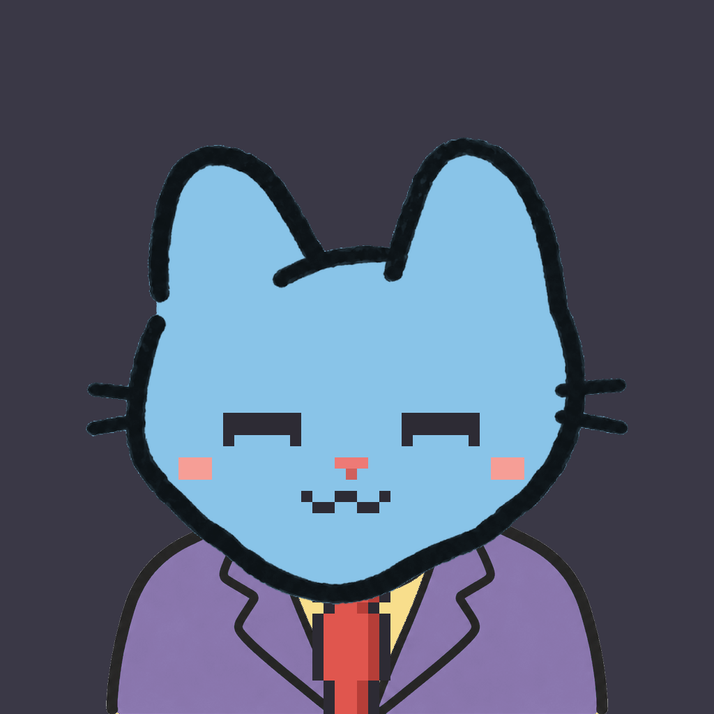 Employee #1575 — a sky cat, in a lavender suit, with a red tie, on charcoal