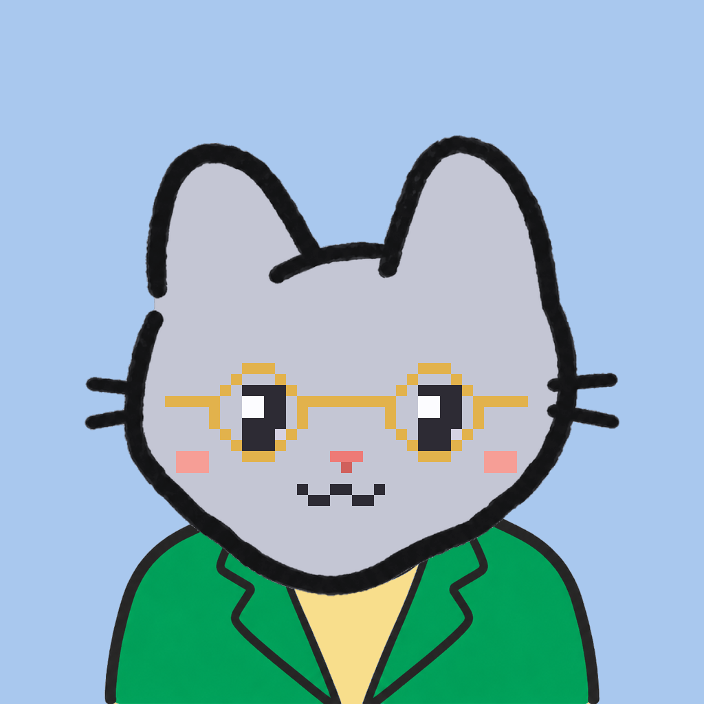 Employee #1576 — a gray cat, in a green suit, wearing round-gold glasses, on sky