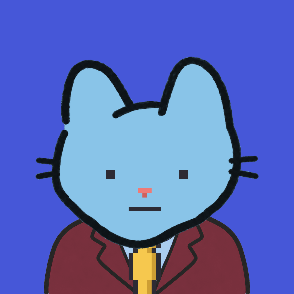 Employee #1577 — a sky cat, in a burgundy suit, with a gold tie, on royal