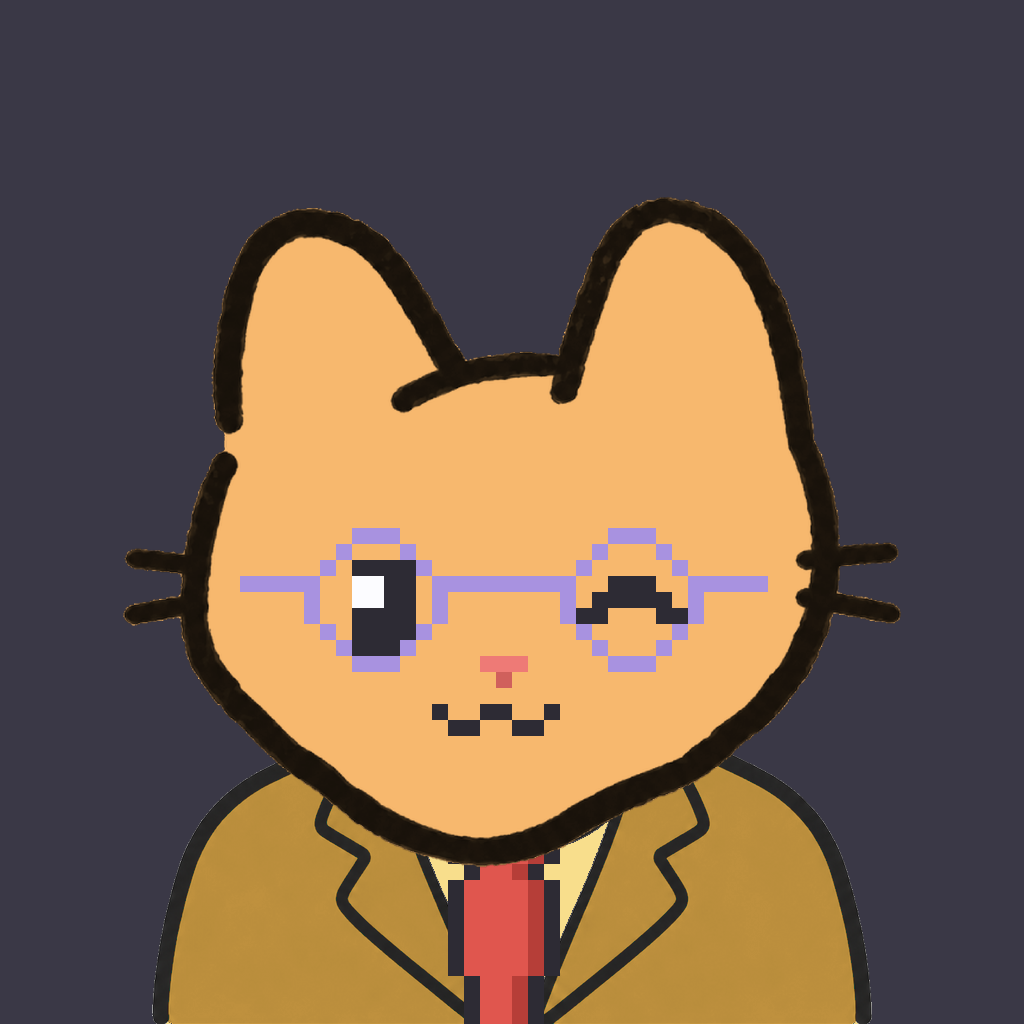 Employee #1578 — a tabby cat, in a mustard suit, with a red tie, wearing round-lavender glasses, on charcoal