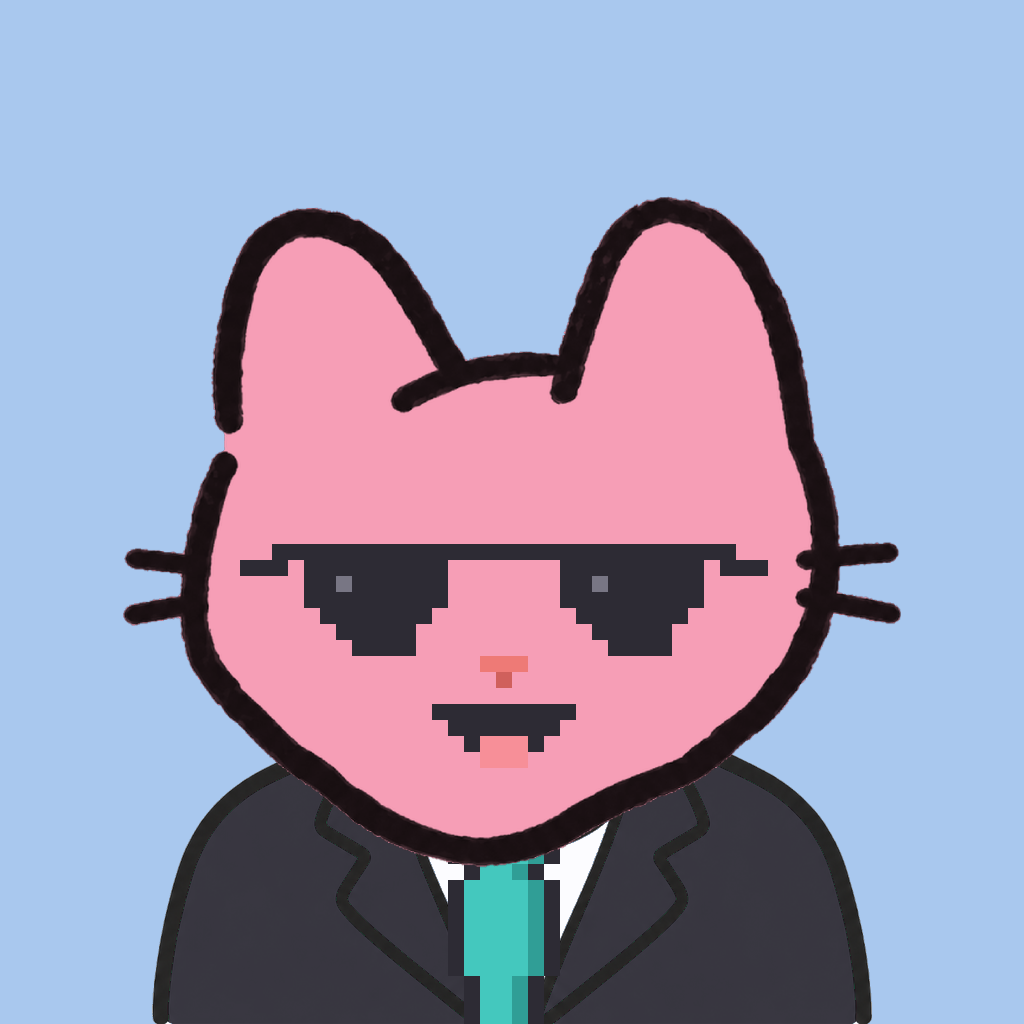 Employee #1579 — a pink cat, in a black suit, with a teal tie, wearing shades glasses, on sky