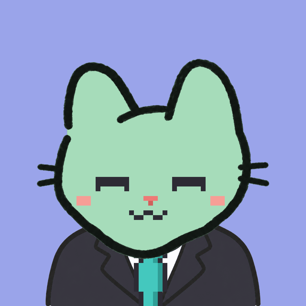 Employee #0158 — a mint cat, in a black suit, with a teal tie, on periwinkle