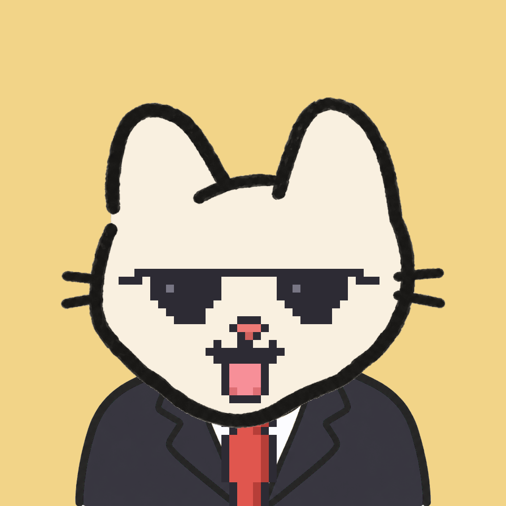 Employee #1580 — a cream cat, in a black suit, with a red tie, wearing shades glasses, on butter
