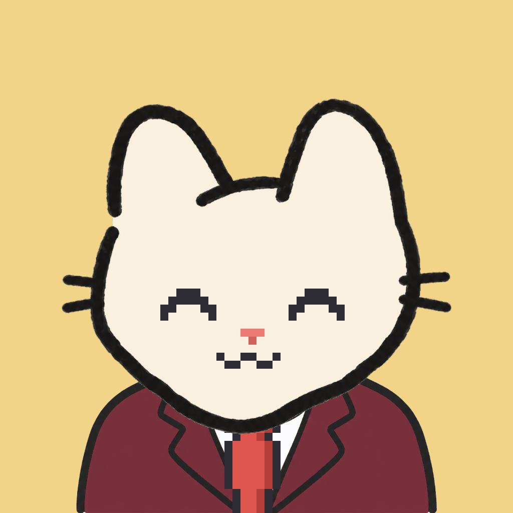 Employee #1581 — a cream cat, in a burgundy suit, with a red tie, on butter