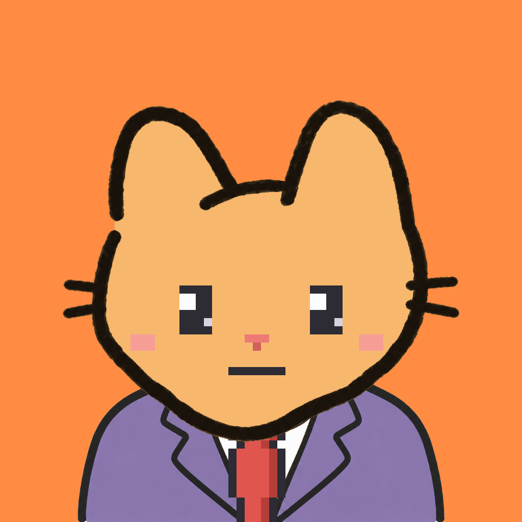 Employee #1582 — a tabby cat, in a lavender suit, with a red tie, on tangerine