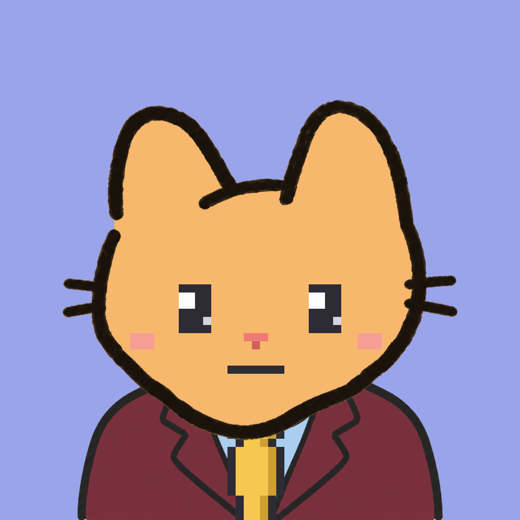 Employee #1583 — a tabby cat, in a burgundy suit, with a gold tie, on periwinkle
