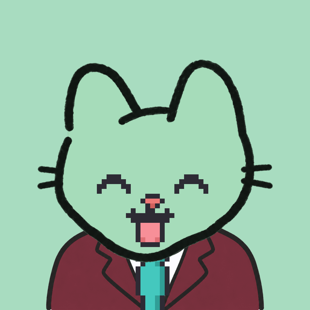 Employee #1584 — a mint cat, in a burgundy suit, with a teal tie, on mint
