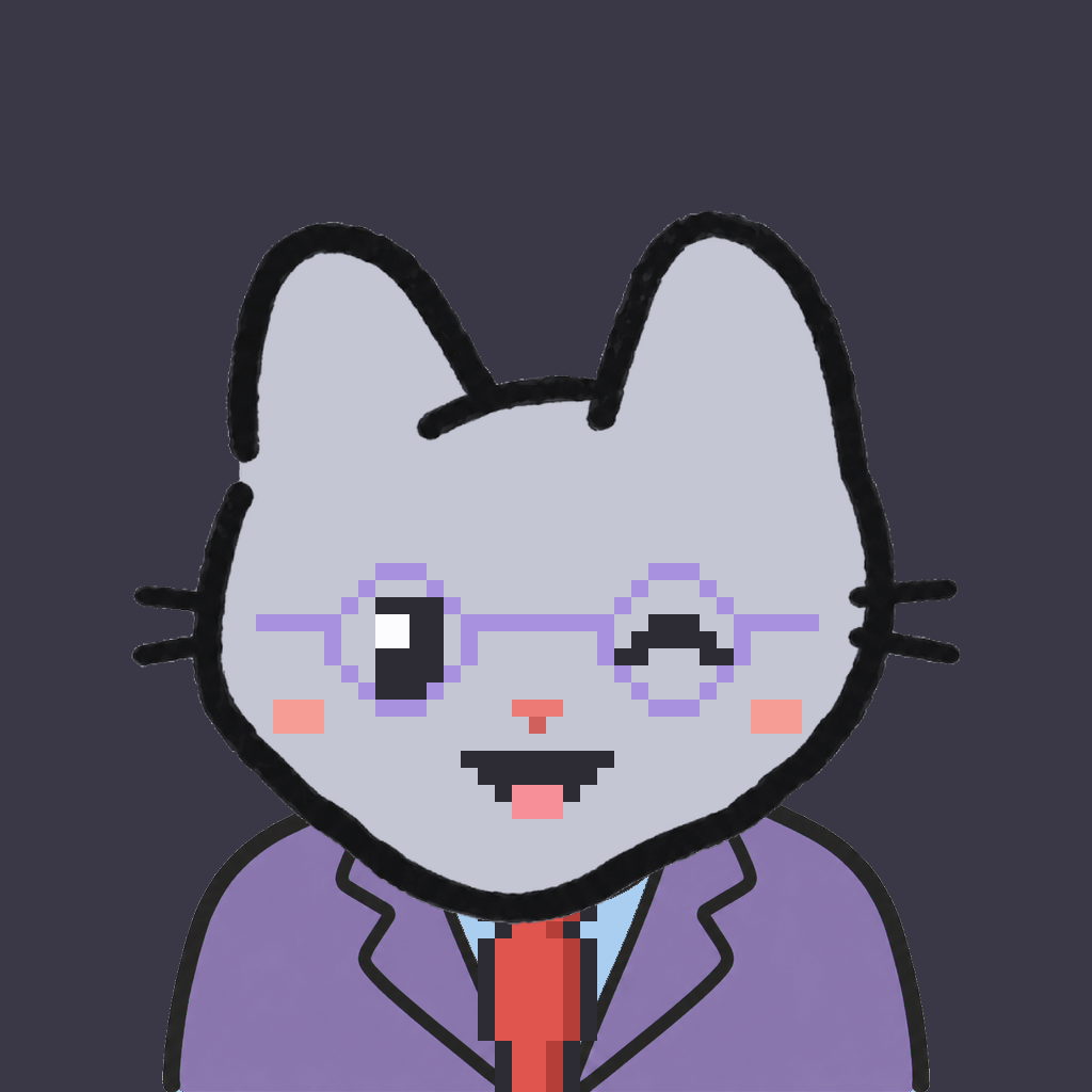 Employee #1585 — a gray cat, in a lavender suit, with a red tie, wearing round-lavender glasses, on charcoal