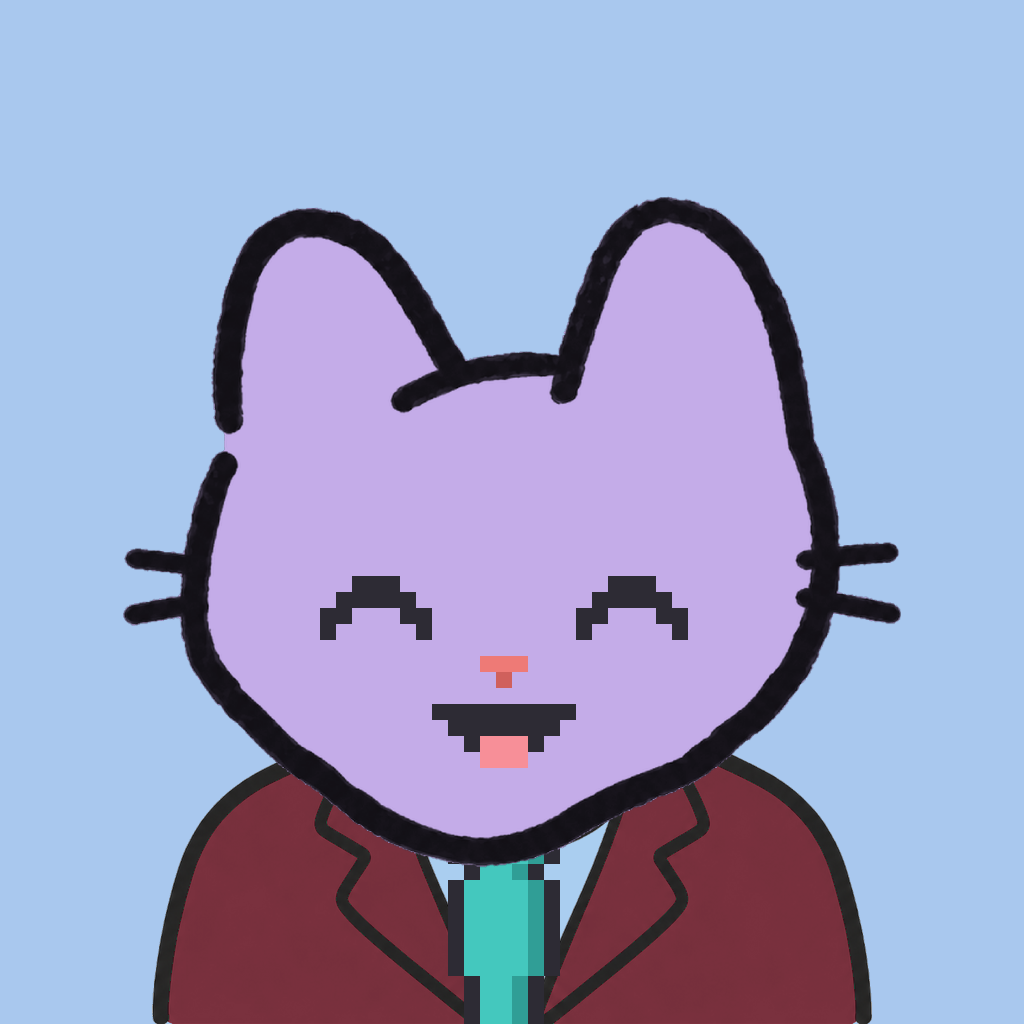 Employee #1586 — a lavender cat, in a burgundy suit, with a teal tie, on sky