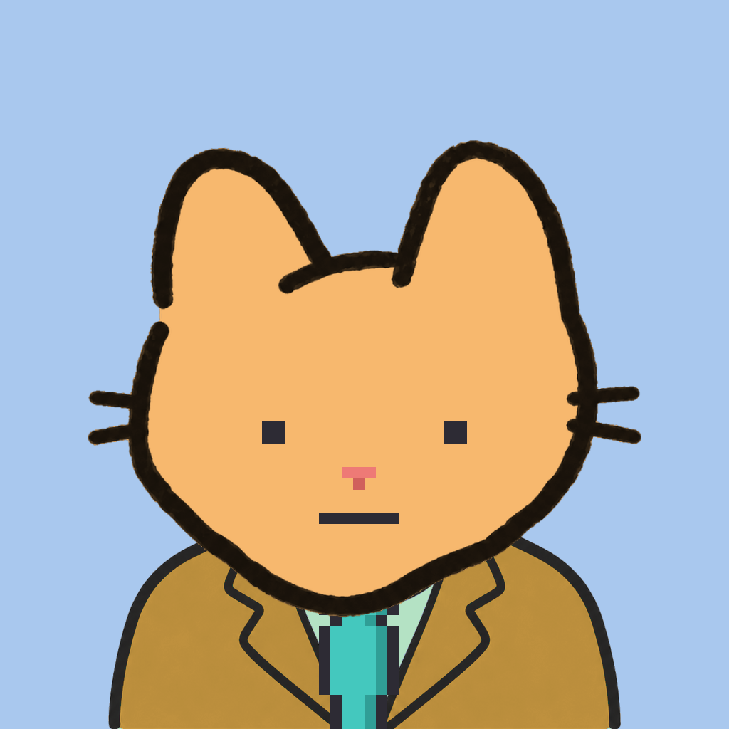 Employee #1588 — a tabby cat, in a mustard suit, with a teal tie, on sky