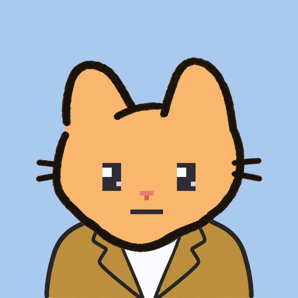 Employee #1589 — a tabby cat, in a mustard suit, on sky