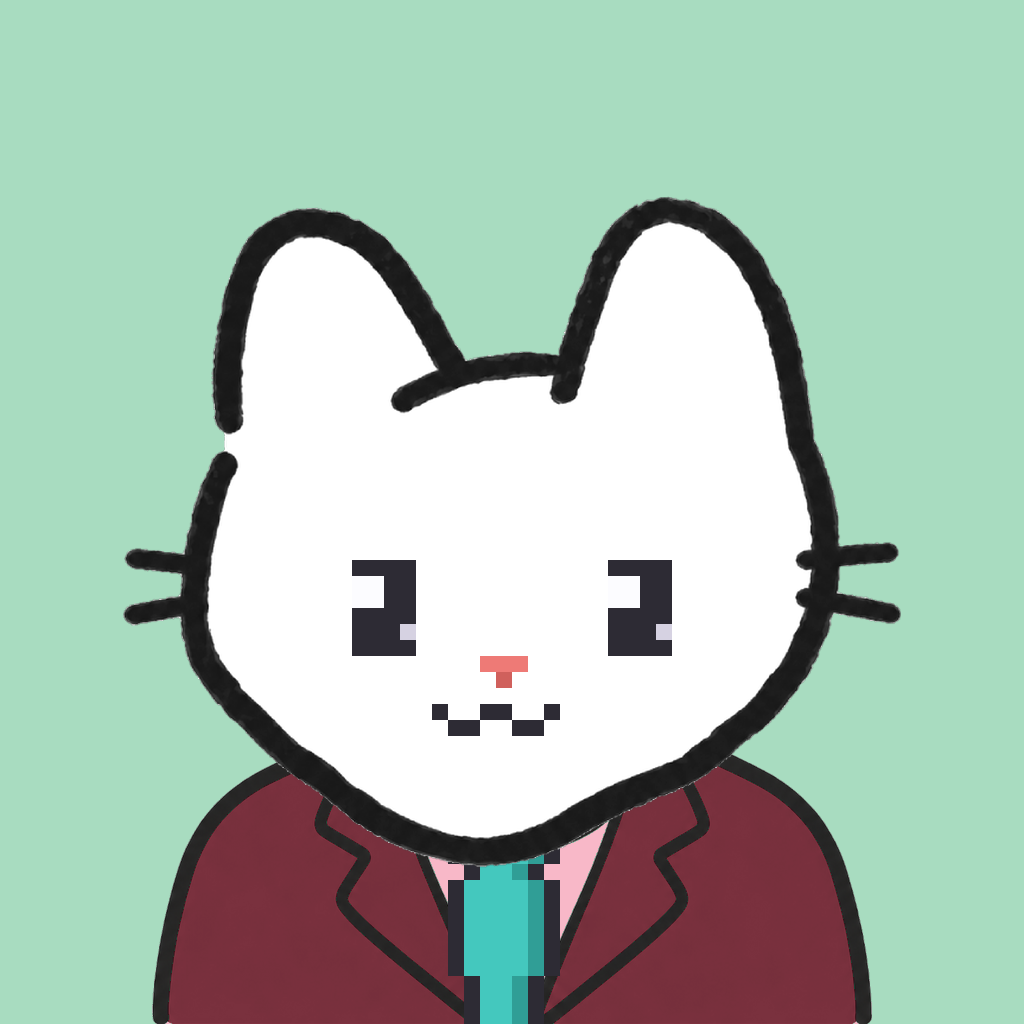 Employee #0159 — a white cat, in a burgundy suit, with a teal tie, on mint