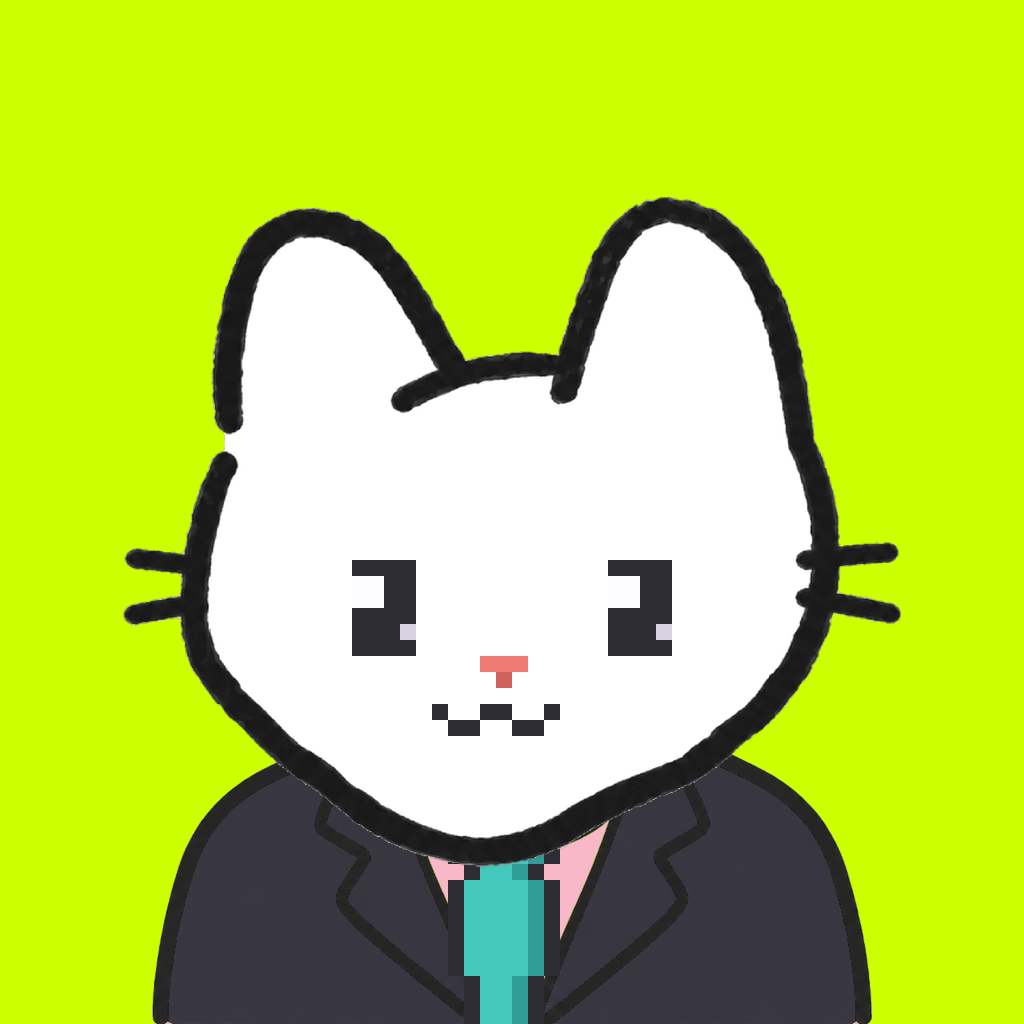 Employee #1590 — a white cat, in a black suit, with a teal tie, on volt