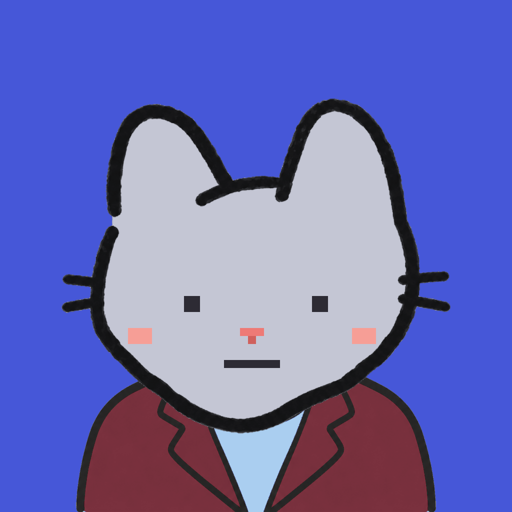 Employee #1591 — a gray cat, in a burgundy suit, on royal