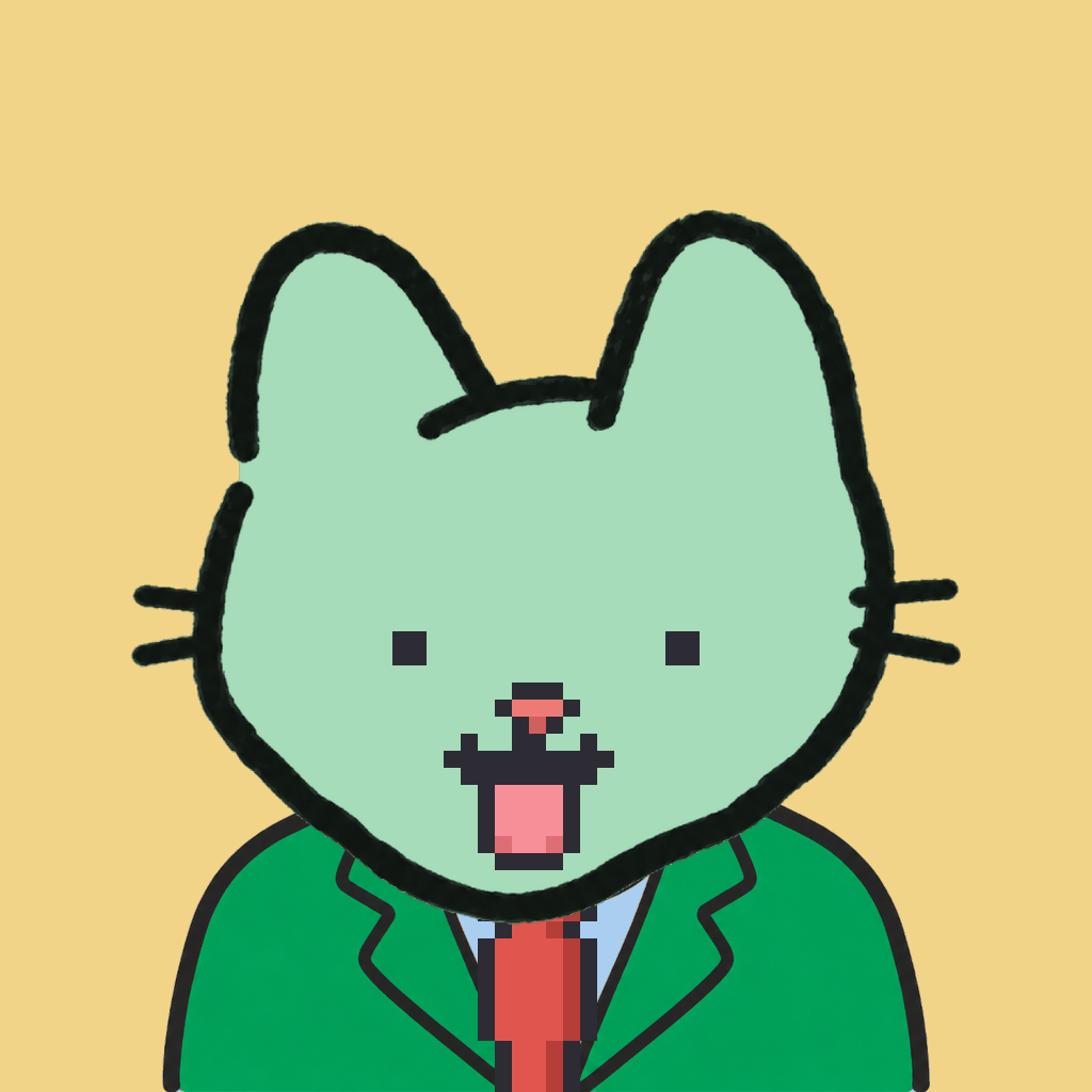 Employee #1592 — a mint cat, in a green suit, with a red tie, on butter