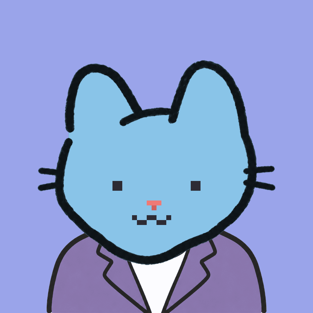 Employee #1593 — a sky cat, in a lavender suit, on periwinkle