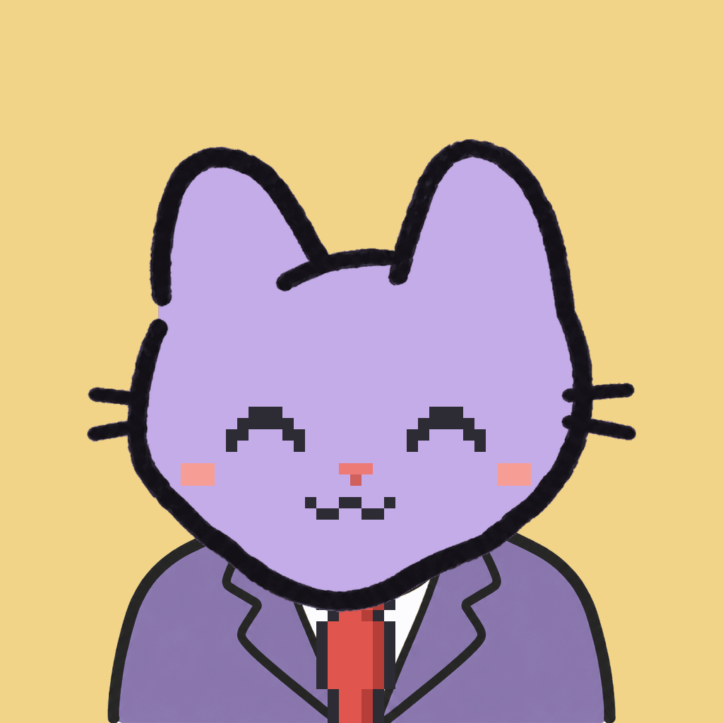 Employee #1594 — a lavender cat, in a lavender suit, with a red tie, on butter