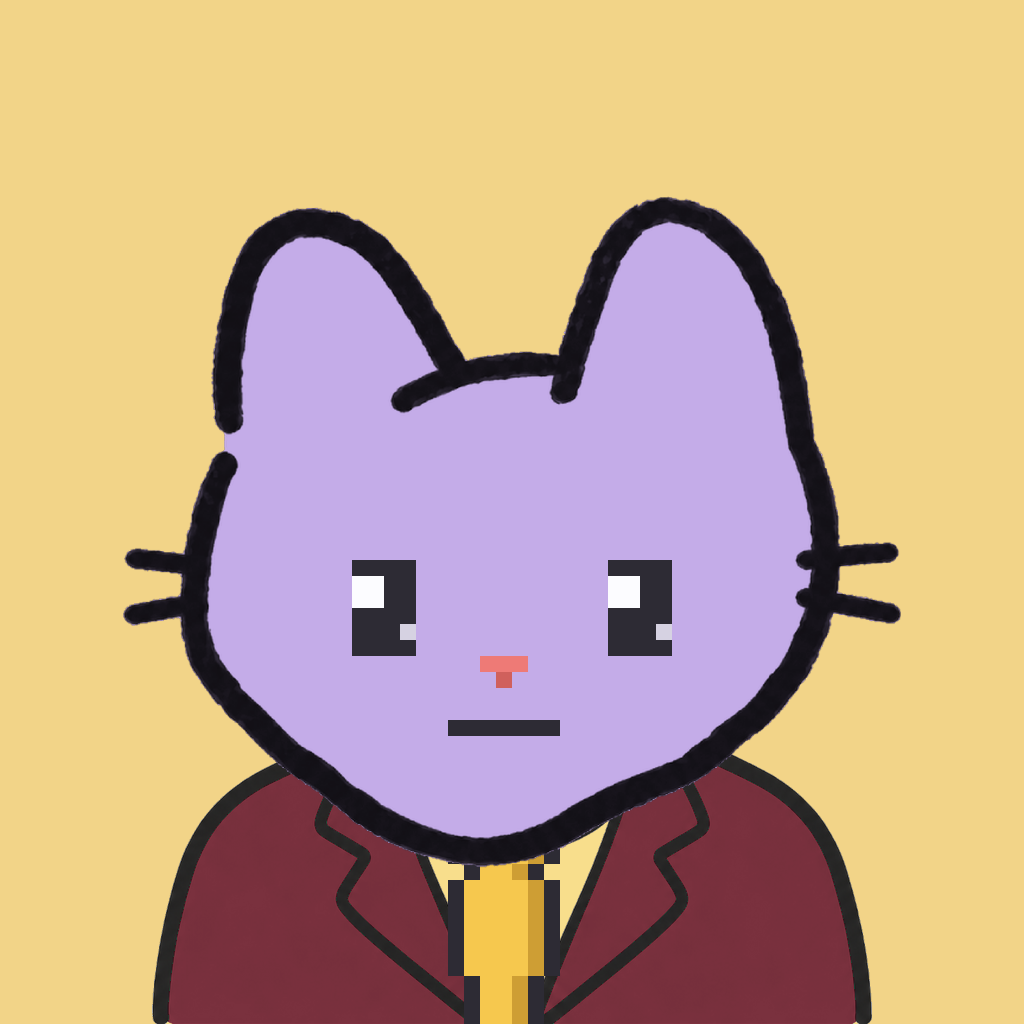 Employee #1595 — a lavender cat, in a burgundy suit, with a gold tie, on butter