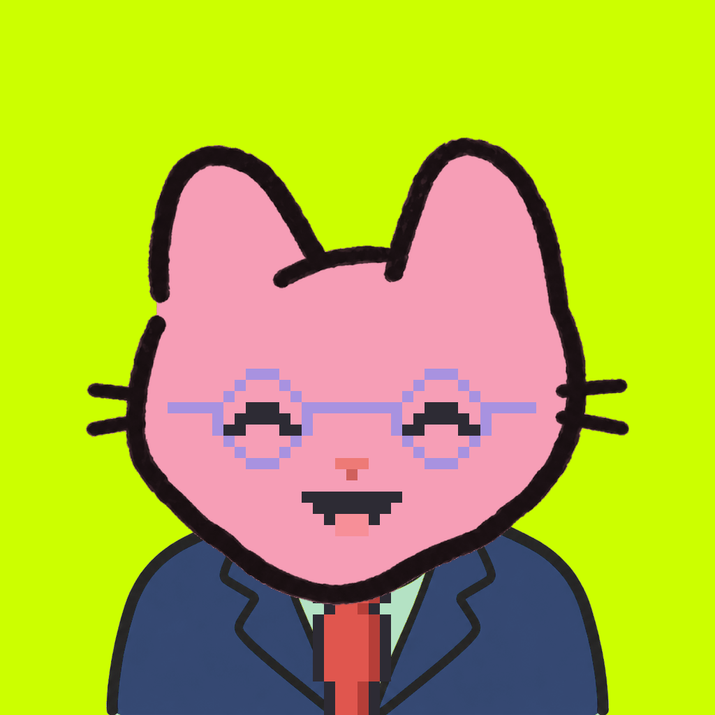 Employee #1596 — a pink cat, in a navy suit, with a red tie, wearing round-lavender glasses, on volt