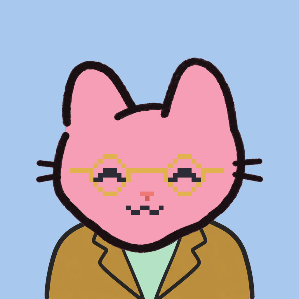 Employee #1597 — a pink cat, in a mustard suit, wearing round-gold glasses, on sky