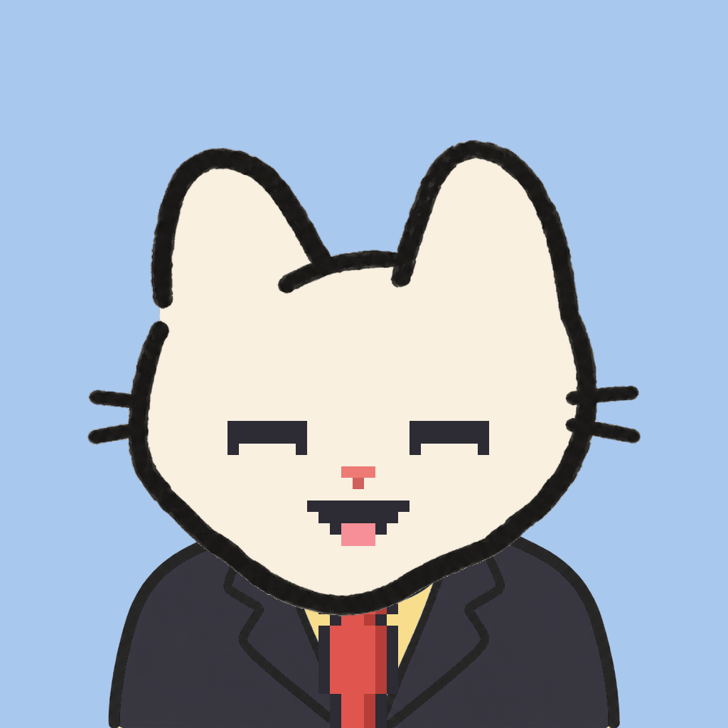 Employee #1598 — a cream cat, in a black suit, with a red tie, on sky