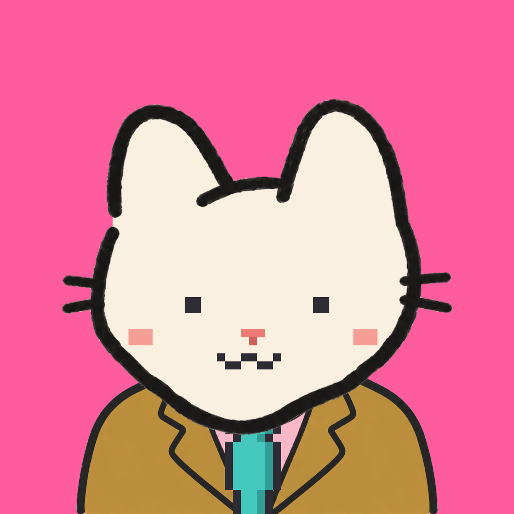 Employee #1599 — a cream cat, in a mustard suit, with a teal tie, on hot pink
