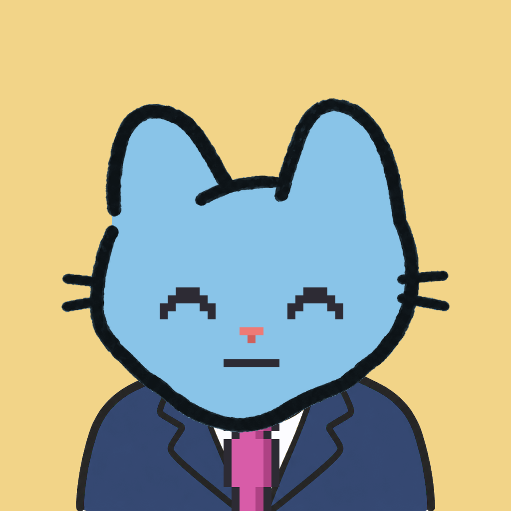 Employee #0016 — a sky cat, in a navy suit, with a magenta tie, on butter