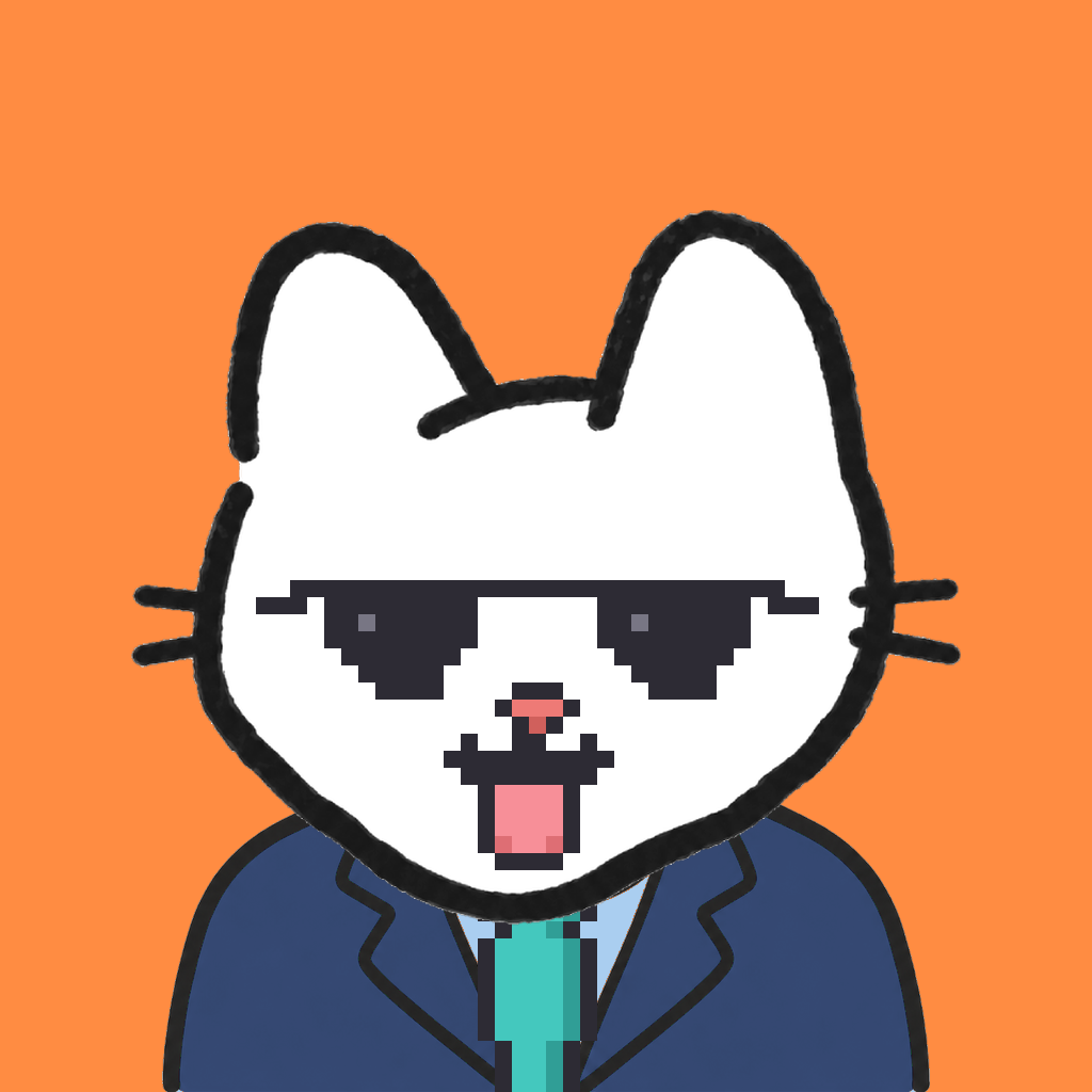 Employee #0160 — a white cat, in a navy suit, with a teal tie, wearing shades glasses, on tangerine