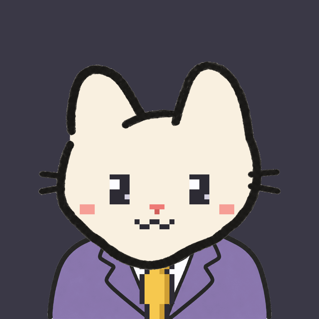 Employee #1600 — a cream cat, in a lavender suit, with a gold tie, on charcoal