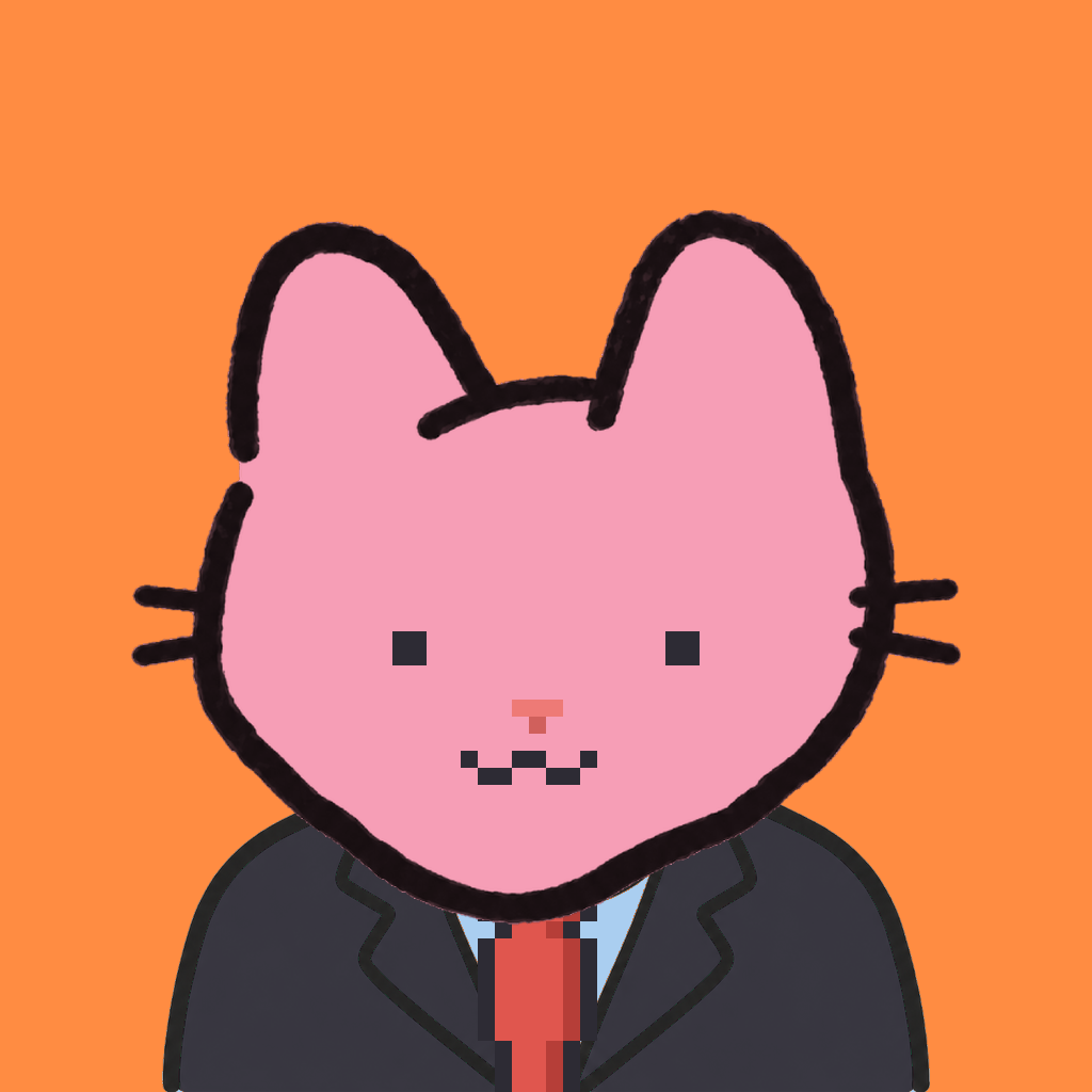 Employee #1601 — a pink cat, in a black suit, with a red tie, on tangerine