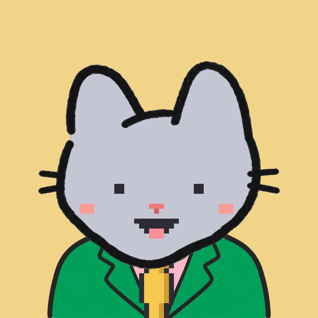 Employee #1602 — a gray cat, in a green suit, with a gold tie, on butter