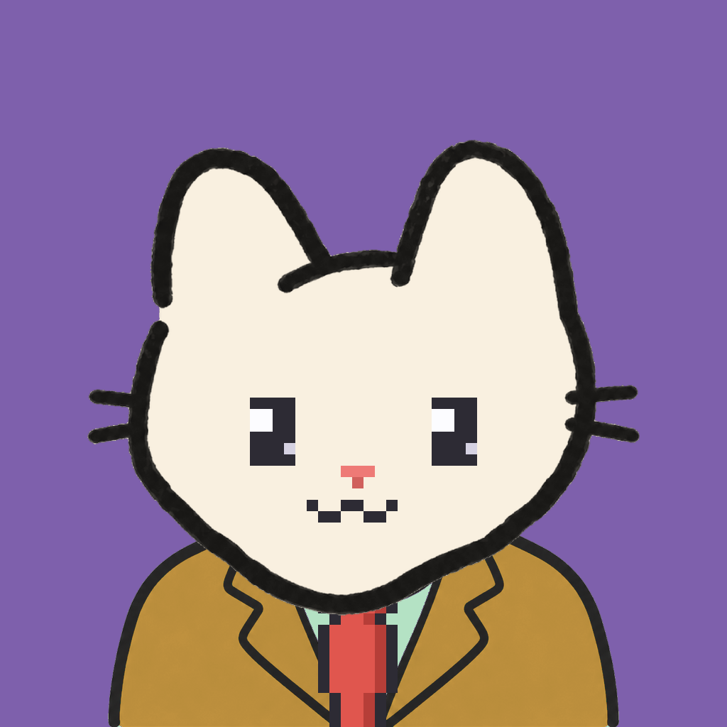 Employee #1603 — a cream cat, in a mustard suit, with a red tie, on plasma violet