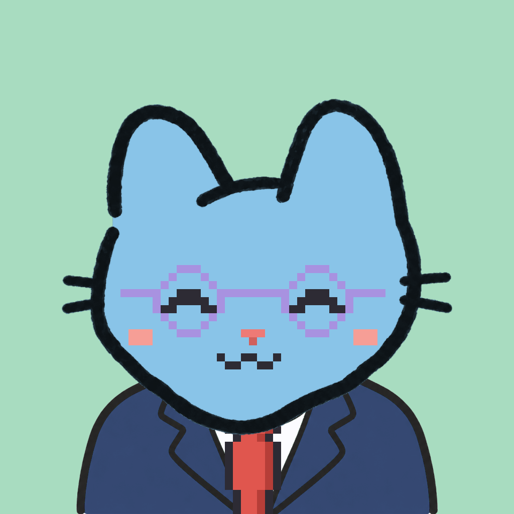 Employee #1604 — a sky cat, in a navy suit, with a red tie, wearing round-lavender glasses, on mint