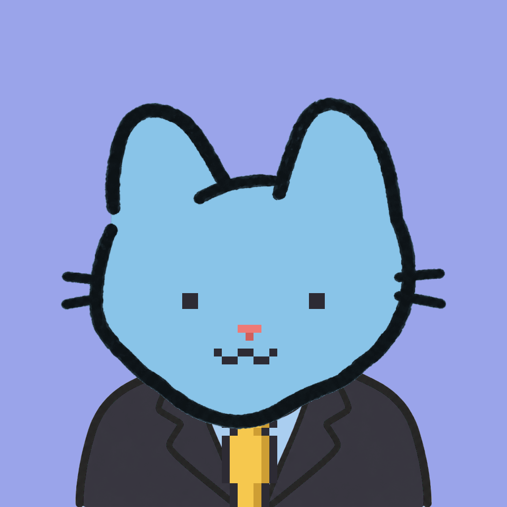 Employee #1605 — a sky cat, in a black suit, with a gold tie, on periwinkle