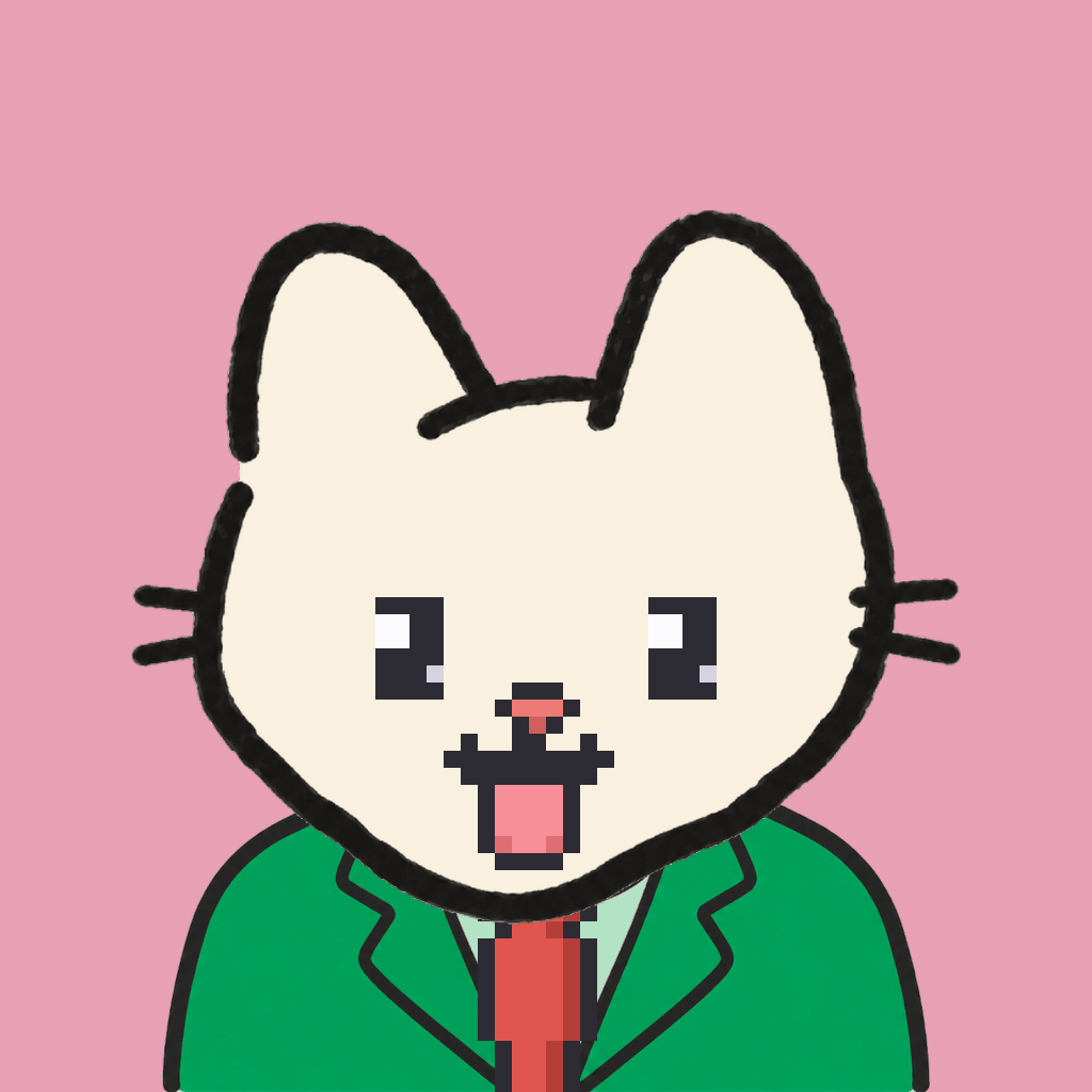 Employee #1606 — a cream cat, in a green suit, with a red tie, on rose