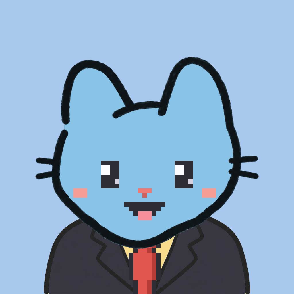Employee #1607 — a sky cat, in a black suit, with a red tie, on sky