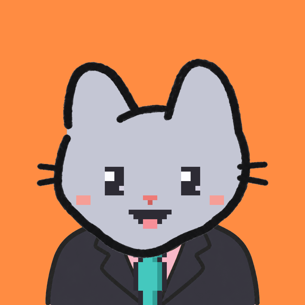 Employee #1608 — a gray cat, in a black suit, with a teal tie, on tangerine