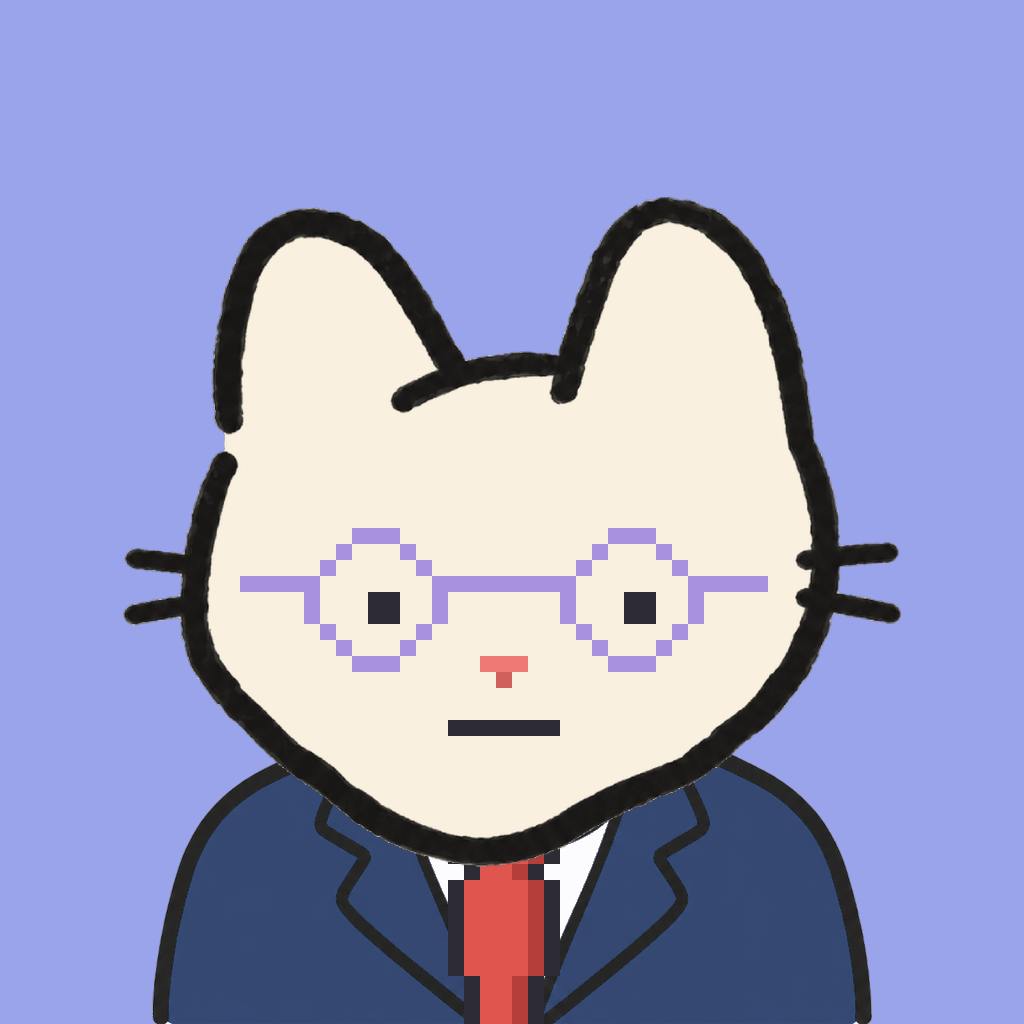 Employee #1609 — a cream cat, in a navy suit, with a red tie, wearing round-lavender glasses, on periwinkle