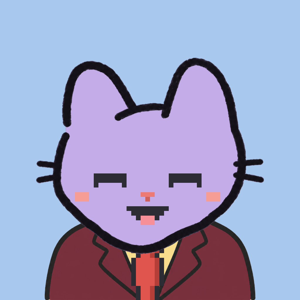 Employee #0161 — a lavender cat, in a burgundy suit, with a red tie, on sky